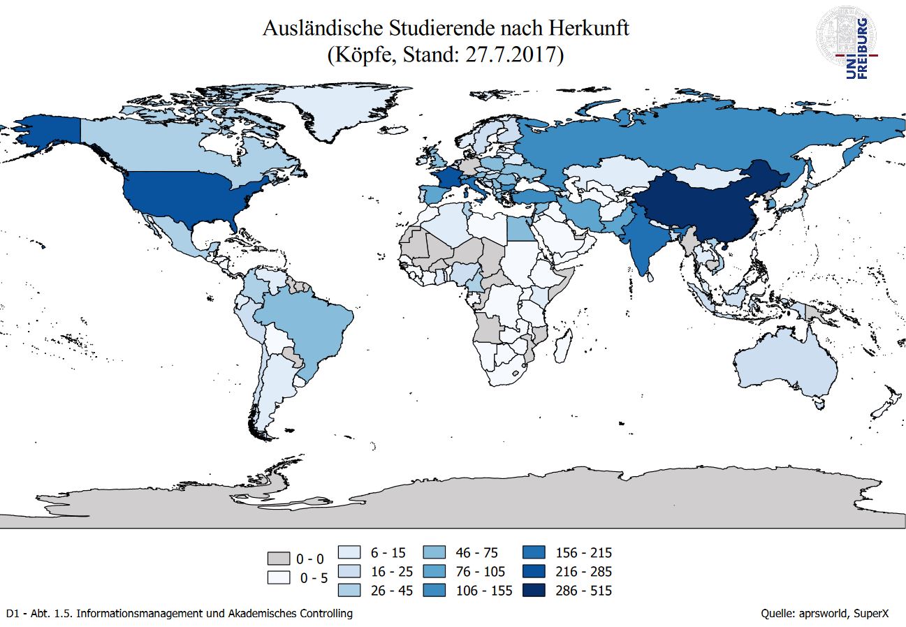 Kartendiagramm zur Herkunft der ausländischen Studierenden 